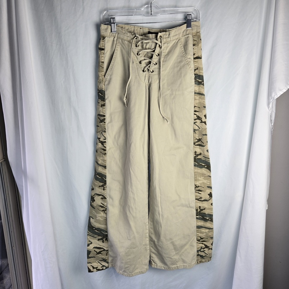 Vintage Y2K Four 2 One Camo Trim Wide Leg Lace Up Khaki Pants Juniors 7 Gorpcore